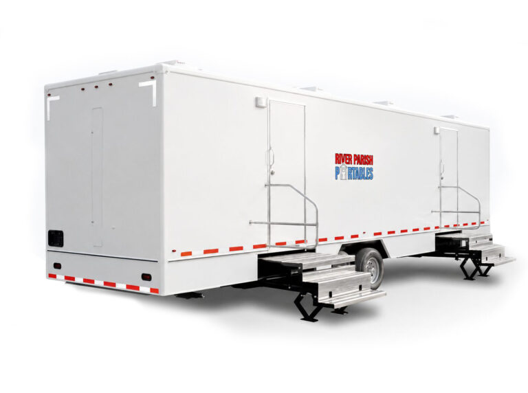 Restroom trailer rental set up at a Baton Rouge event