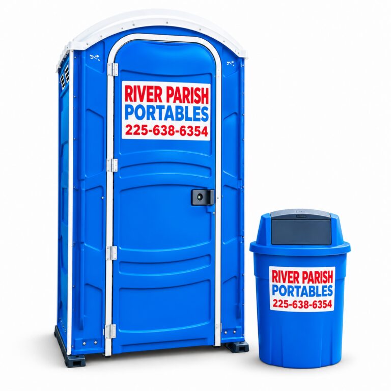 Blue portable toilet and matching waste bin rental